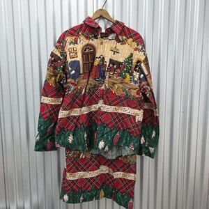 Vintage Sharon Young Shirt Skirt Set Women Christmas Holiday 90s Carolers Sz 14